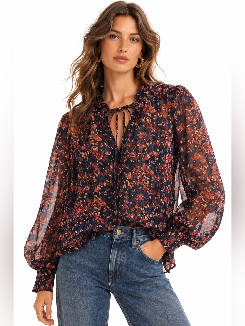 Ulla Johnson Edith Blouse Cosmos Navy Floral Silk Lurex Balloon Sleeve Size 2